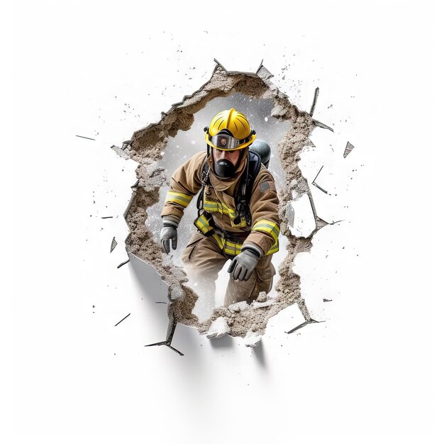 Firefighter breaking in white background