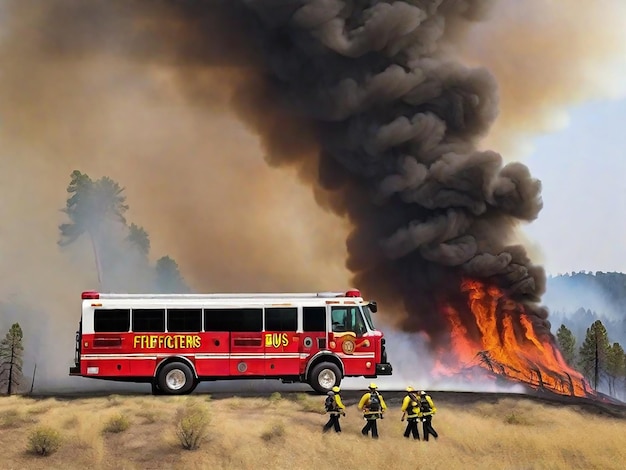 firefighter bus gives water to wildfire Ai image