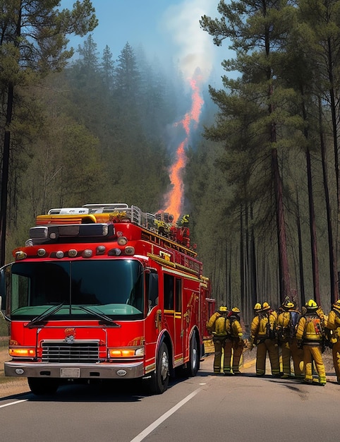 firefighter bus gives water to wildfire Ai image