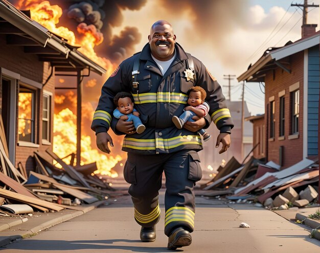 a firefighter carries a baby in a scene from the movie