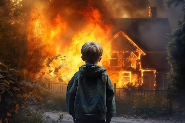 Firefighter child boy burning house Generate Ai