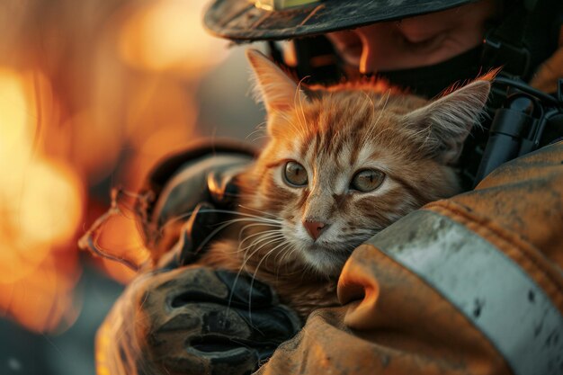 Photo firefighter comforting a cat amidst sparks with ai generated