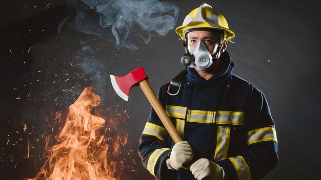 A firefighter dressed in a uniform and an oxygen mask holds a red axe standing in fire sparks and s