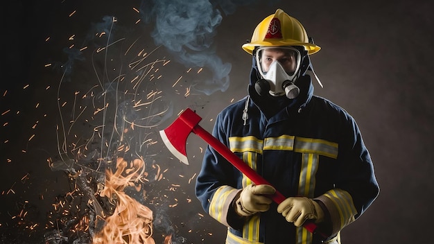 A firefighter dressed in a uniform and an oxygen mask holds a red axe standing in fire sparks and s