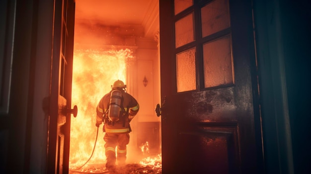 Firefighter entering burning house