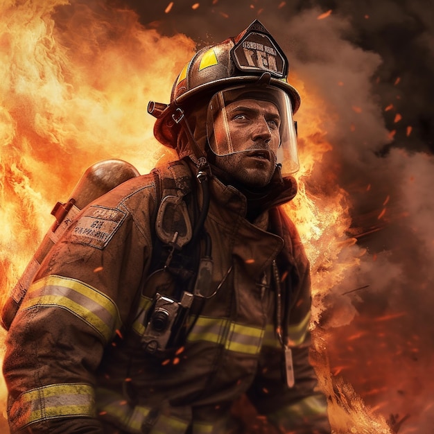 a firefighter extinguishing a fire portraying