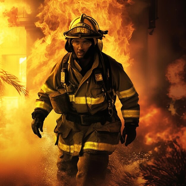 A firefighter extinguishing a fire portraying