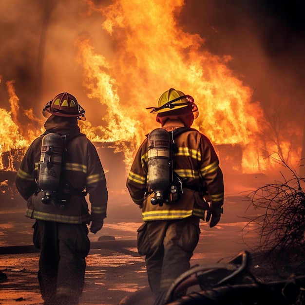 A firefighter extinguishing a fire portraying