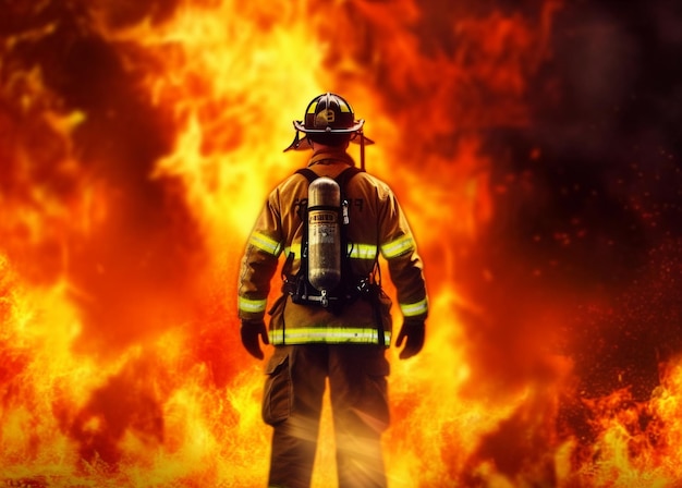 A firefighter extinguishing a fire portraying