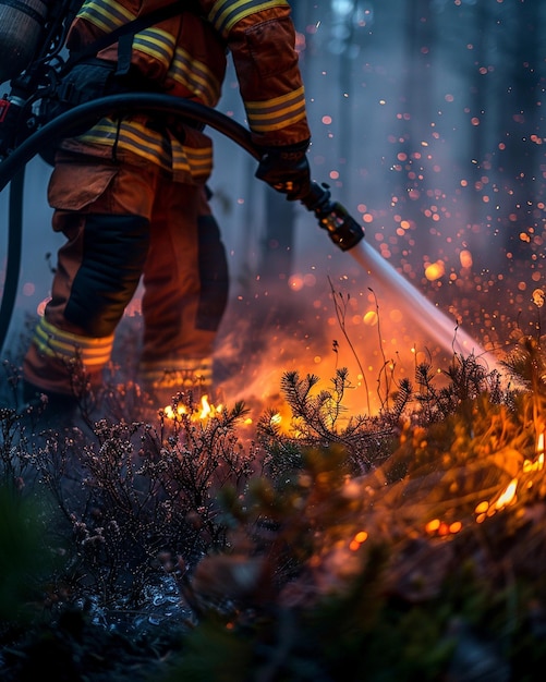 Photo a firefighter extinguishing small brush fire wallpaper
