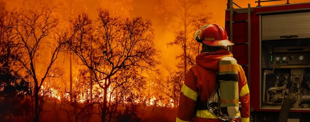 Firefighter extinguishing wildfire with fire truck