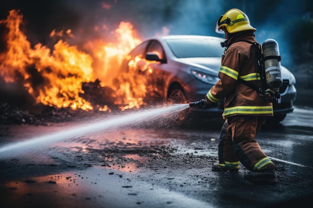 Пожарный, борющийся с автомобильной аварией на дороге с помощью высокого давления, пожарный, использующий воду и огнетушитель для борьбы с пламенем огня в автомобильной аварии на обочине дороги.