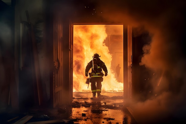 建物の火災を消火する消防士