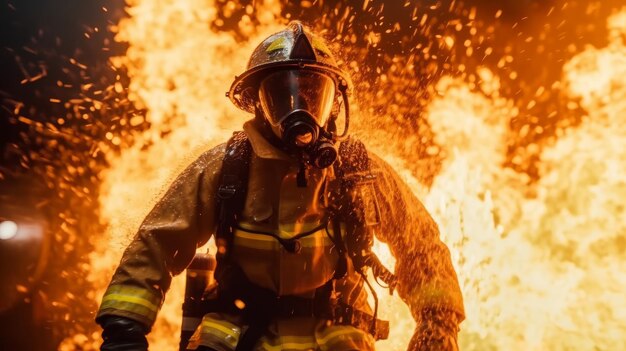 Foto un vigile del fuoco combatte le fiamme con acqua e un estintore