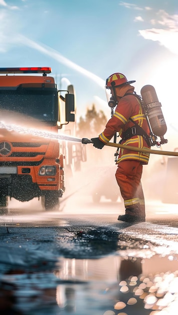 Photo firefighter focus on a male firefighter spraying water with a fire truck background afternoon light empty space right for text