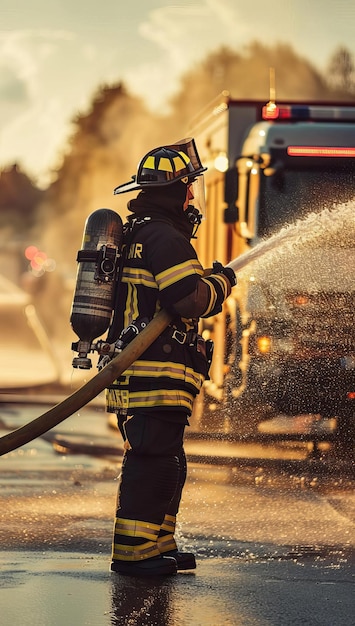 Photo firefighter focus on a male firefighter spraying water with a fire truck background afternoon light empty space right for text