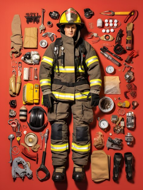 Фото Форма пожарного с компонентами на красном фоне