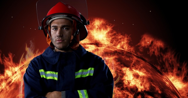 Firefighter in front of burning fire