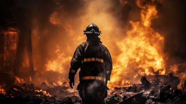 Foto pompiere di fronte a una casa in fiamme che fornisce spazio per la sovrapposizione di testo