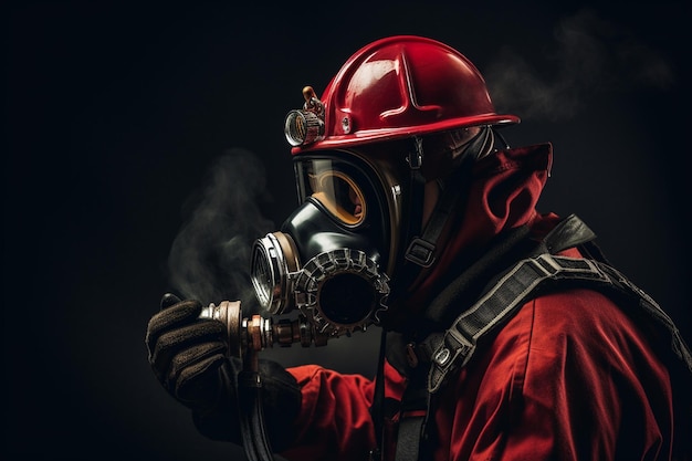Firefighter in Gas Mask and Hard Hat at an Emergency