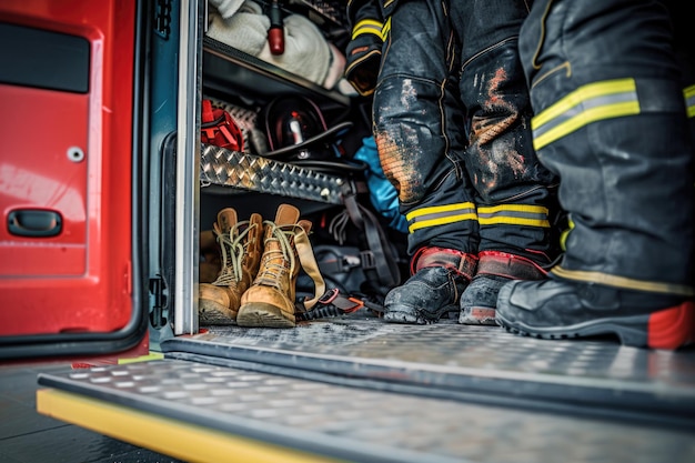 Photo firefighter gear in open fire truck cabin