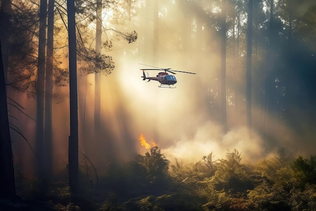 Firefighter helicopter extinguishes forest fire Generative AI illustration