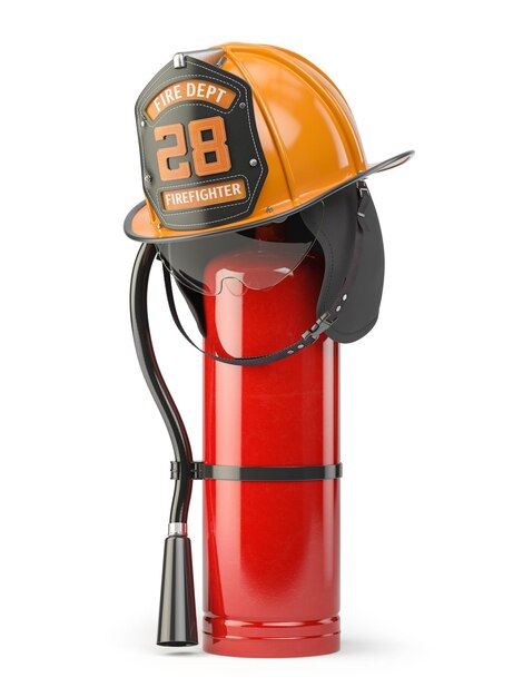 Firefighter helmet on a fire extinguisher isolated on white