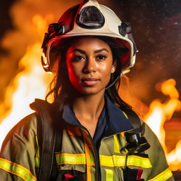 Foto un pompiere con un casco davanti al fuoco che sembra esausto