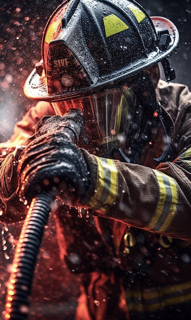 A firefighter in a helmet holds a hose with the word fire on it.