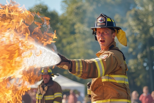 Foto un vigile del fuoco che tende un tubo verso un incendio