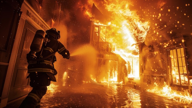 A firefighter holding a water cannon leaps into the flames inside the house