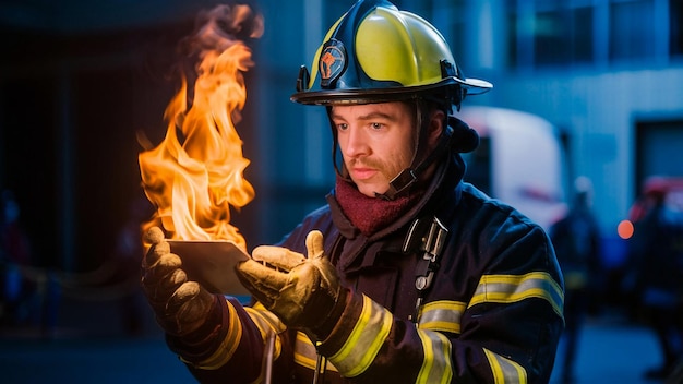 Photo a firefighter holds a cup of fire in his hand