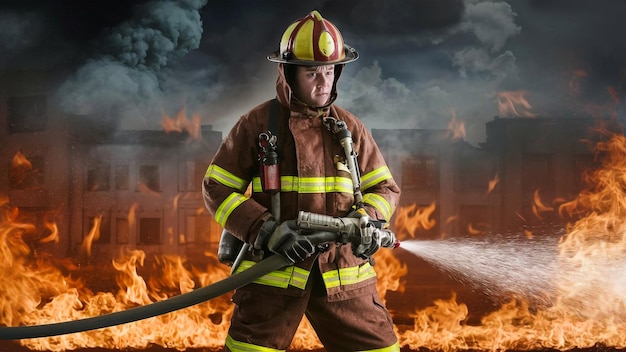 Photo a firefighter holds a large object in his hand