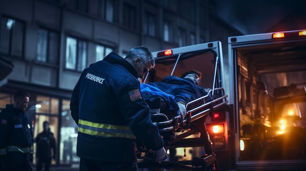 a firefighter is getting a patient from a ambulance