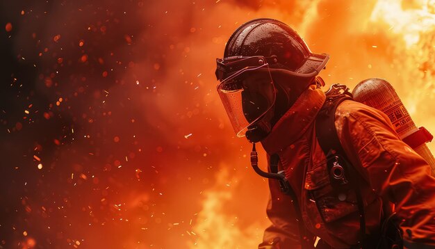 A firefighter is in the middle of a burning building