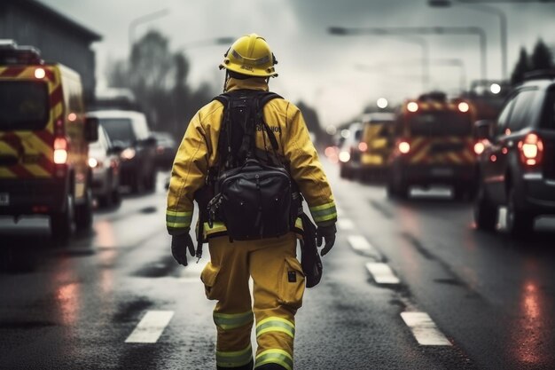 A firefighter is seen walking down the street in the rain This image can be used to depict bravery and dedication in challenging weather conditions