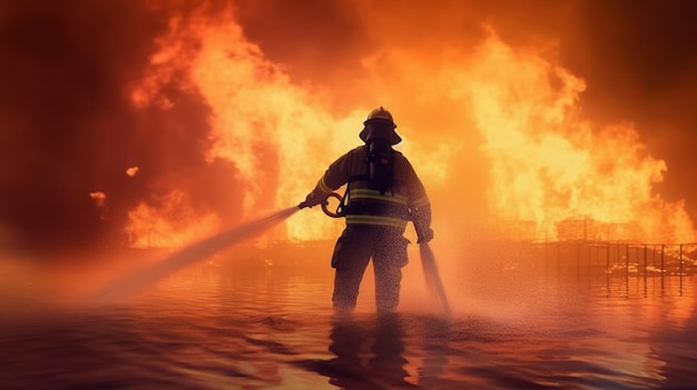 A firefighter is standing in front of a large fire.