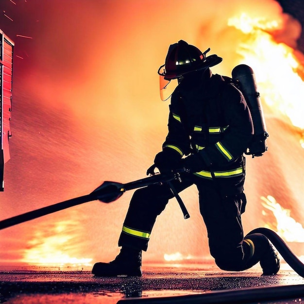 Foto un vigile del fuoco sta usando un tubo per spegnere un incendio.