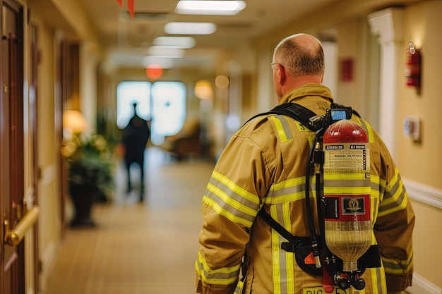 Photo a firefighter is walking down a hallway