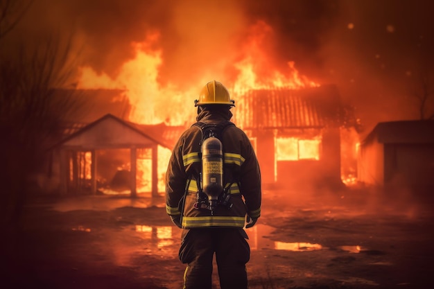 Firefighter man burning house Generate Ai