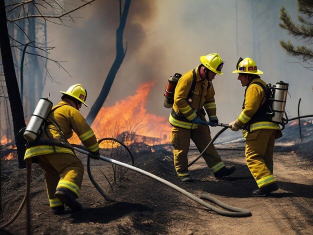 Foto un vigile del fuoco dà acqua all'incendio