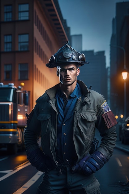 Firefighter man with fire in background Generative AI