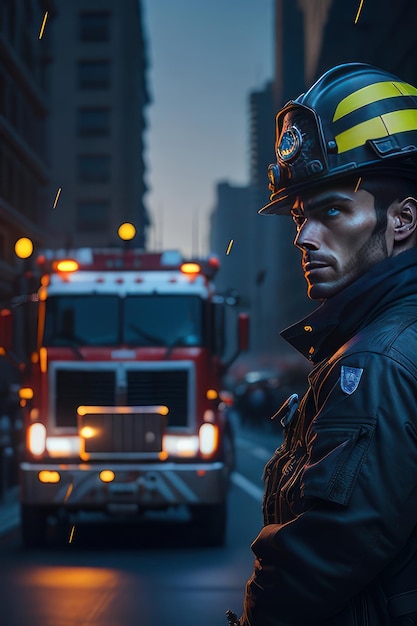 Firefighter man with fire in background Generative AI