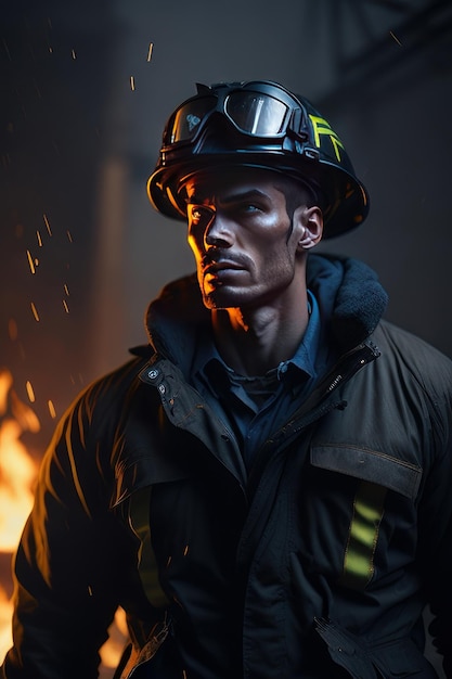 Firefighter man with fire in background Generative AI