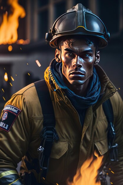 Firefighter man with fire in background Generative AI