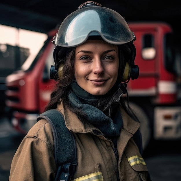 Firefighter portrait on duty photo of happy fire woman