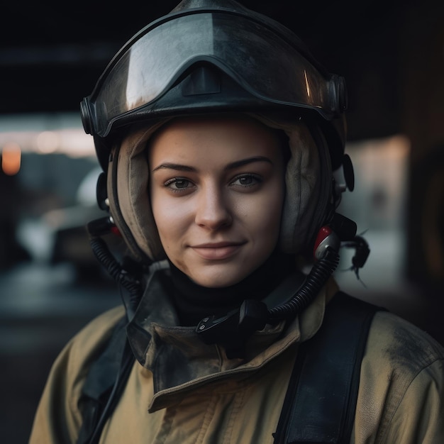 Firefighter portrait on duty photo of happy fire woman