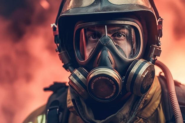 Firefighter portrait on duty Photo of happy fireman with gas mask and helmet near fire engine