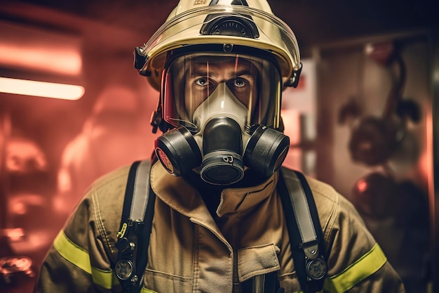 Ritratto di vigile del fuoco in servizio foto di vigile del fuoco felice con maschera antigas e casco vicino al motore antincendio