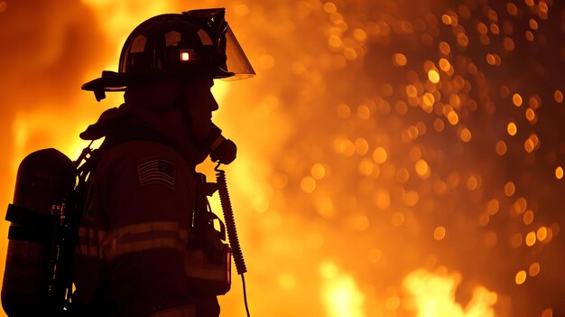 Foto i pompieri in abbigliamento protettivo si trovano di fronte a un incendio in furia. i pombieri indossano un casco e un apparecchio respiratorio.